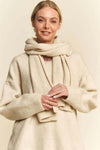 Davi & Dani V-Neck Dropped Shoulder Sweater with Scarf in beige, relaxed fit, cozy for cooler weather.