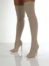 Point toe over knee stiletto boots in beige, high heel, durable TPR material.