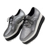 Round Toe Lace-up Platform Thick Bottom Shoes in silver with flatform heel and cross-tie straps.