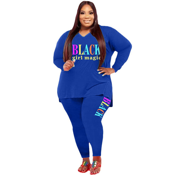 Women's plus size sports and leisure printed two-piece set with top and leggings in vibrant design.