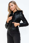 Snobbish Leather Zip Up Drawstring Hooded Jacket in black faux leather with front zipper and adjustable hood.