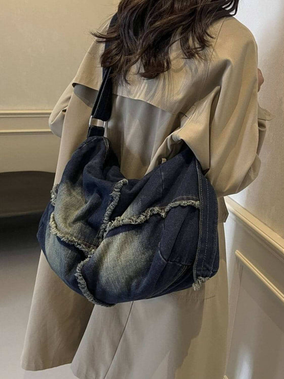 Raw Hem Gradient Crossbody Bag For womenUpgrade your style with the Raw Hem Gradient Crossbody Bag! This Large-sized bag is made from high-quality denim, giving it a trendy and chic look. Carry all your esHandbagPlush Fashion ShopPlush Fashion ShopRaw Hem Gradient Crossbody Bag