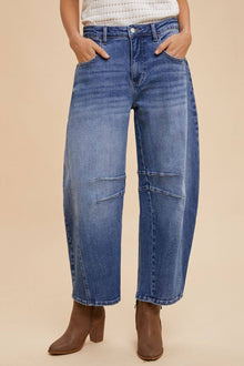  Annie Wear Mid Rise Barrel Leg Jeans with pockets, blue denim, stylish and comfortable fit.