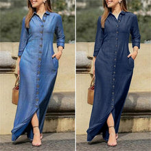  Shirt collar denim button maxi dress with button-down front and long sleeves.