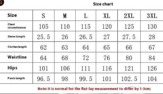 Size chart for Women's Sportswear Multicolor V-neck Loose Outfit, detailing measurements for sizes S to 3XL including chest, sleeve length, clothes length, waistline, hips, and pants length.