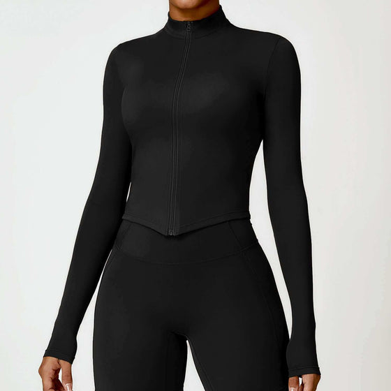 Women's tight long sleeve yoga wear in black, high-quality nylon fabric, comfortable and supportive fit, available in various colors and sizes.