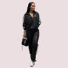 Women's black and silver sequin casual coat trousers suit.