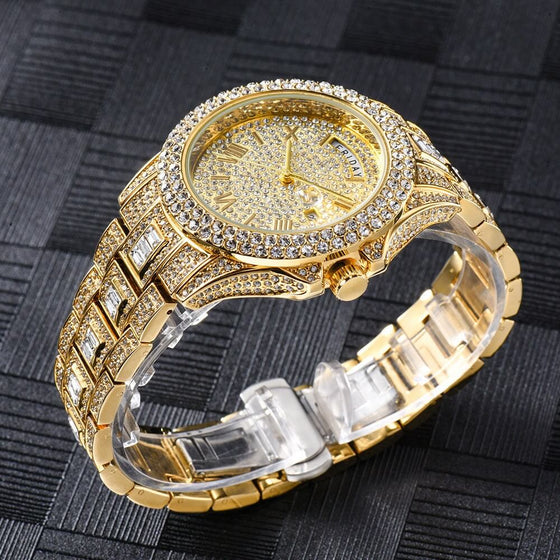 Watch Fashionable High-end Double Calendar Business Full Diamond Quartz with gold and diamond accents on black textured background.