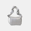 PU leather drawstring shoulder bag in silver with durable imported material.