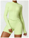 Women's tight long sleeve yoga wear in chartreuse, featuring nylon fabric for comfort and support.