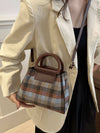 Contrast Plaid Trapezoid Shape Crossbody Bag with PU leather and plaid design.