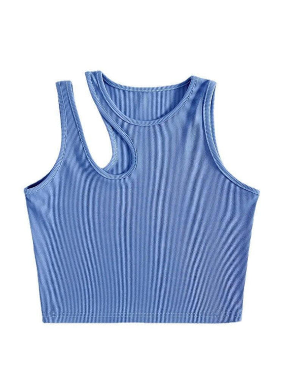 Women's blue camisole with hollowed-out design, polyester fabric, ultra-short length.