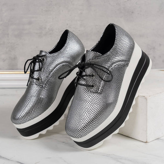 Round Toe Lace-up Platform Thick Bottom Shoes Women in silver with flatform heel and cross-tie straps.