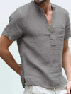 Casual Linen Solid Color Shirt with V Neck and Button Up Design for Men