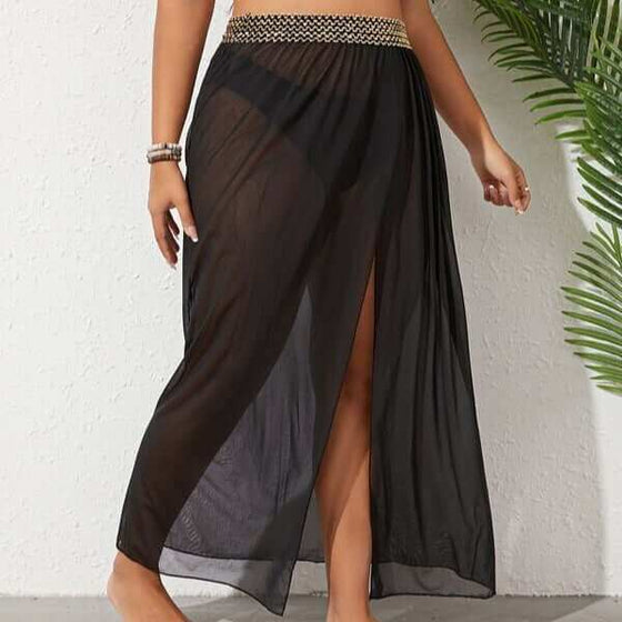 Women's plus size breathable mesh split beach skirt in solid color.