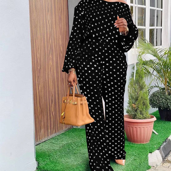 Polka dot printed long-sleeved trousers with lantern sleeves, black and white, loose-fit suit.