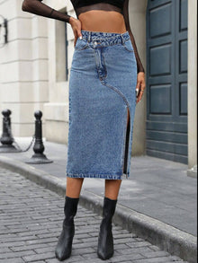  Slit Asymmetrical Waistband Midi Denim Skirt