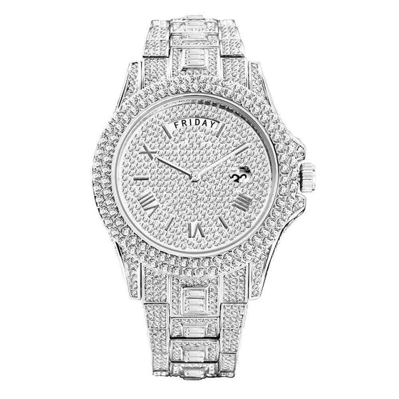 High-end double calendar business watch with full diamond quartz design.