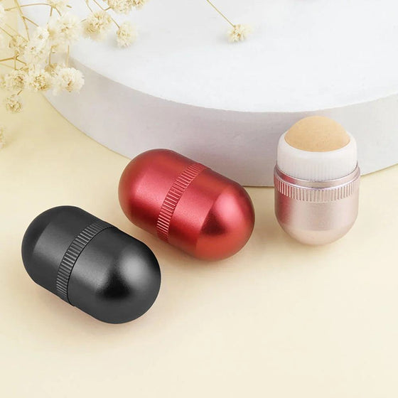 Oil Absorbing Roller with Natural Volcanic Stone for T-Zone Oil Control in red, black, and pink designs.