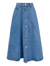 Buttoned Midi Denim Skirt with pockets, front view.