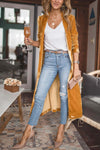 Open Front Long Sleeve Coat in mustard color worn by a woman with casual outfit.