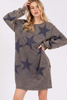  Women's Washed Star Print Round Neck Dress in cotton with crewneck design.