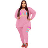 Women's plus size sports and leisure printed two-piece set in pink, featuring a top and leggings.