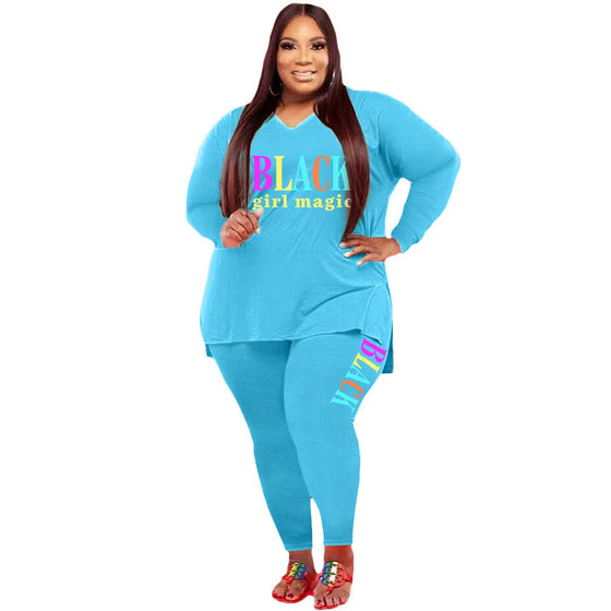 Plus size printed two-piece sports set for women in blue.