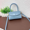 Luxury women's leather handbag with hard handle, blue color, stylish design.