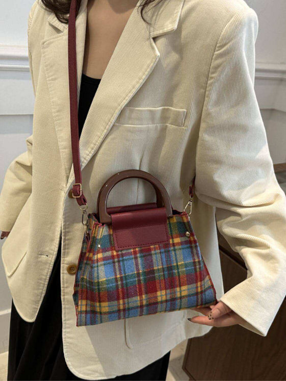 Contrast Plaid Trapezoid Shape Crossbody Bag in durable PU leather and polyester, medium size, stylish design.