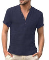 Men’s casual linen solid color V-neck button-up shirt, perfect for summer.