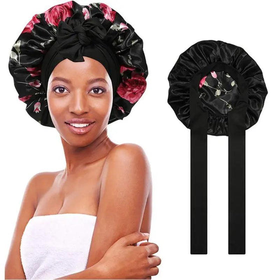 Double layered silk bonnet hair care sleeping hat with elastic tie band.