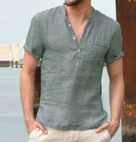 Casual linen solid color shirt with V neck and short sleeves for men.