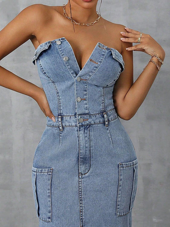 Slit half button tube denim dress with pockets and stylish slit, perfect for fashion-forward outfits.