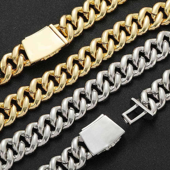 Miami Buckle Cuban Chain Real Gold Plating Bracelet in gold and silver options on a black background.