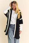 Davi & Dani Fuzzy Trim Open Front Loose Fit Cardigan on woman with white top and jeans