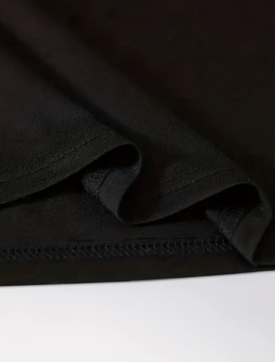 Close-up view of a black short sleeve machine washable t-shirt, highlighting stitching detail.