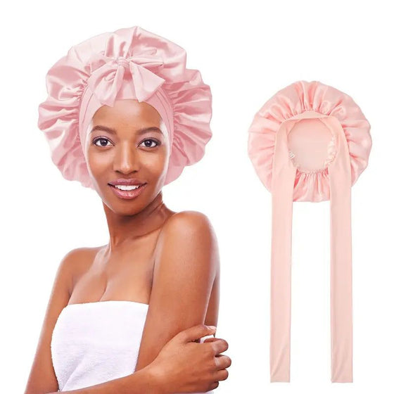 Double layered silk bonnet hair care sleeping hat with elastic tie band for women.