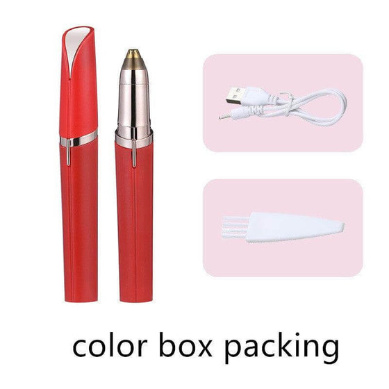 Eyebrow Epilator Maqui gem Professional Trimmer with accessories, red color, USB charger, and brush.