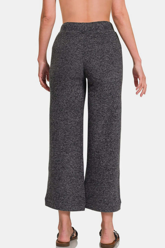 Zenana Drawstring Hacci Cropped Pants with pockets and relaxed fit.