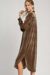 Umgee Texture Curved Hem Button Down Shirt Dress in brown with textured fabric and modern curved hem.