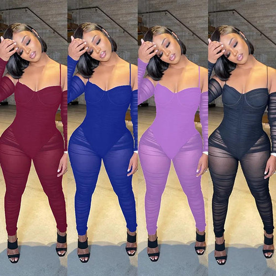 Women's sheer mesh patchwork romper jumpsuit with long sleeves in assorted colors.