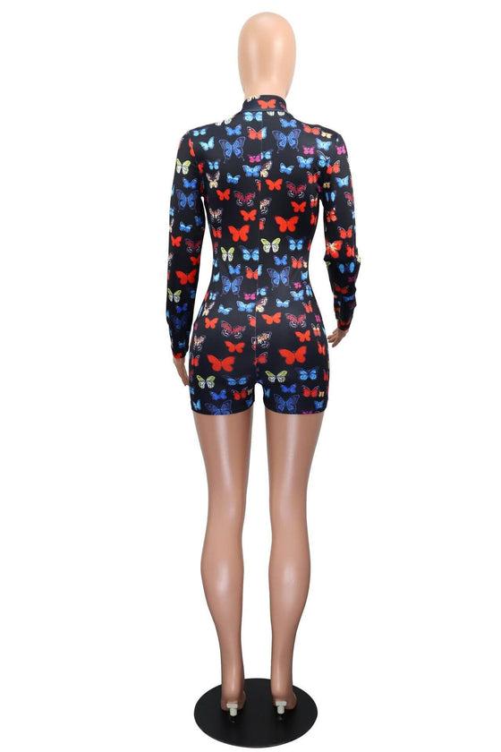 V-neck printed sheath skirt long sleeve jumpsuit with butterfly pattern.