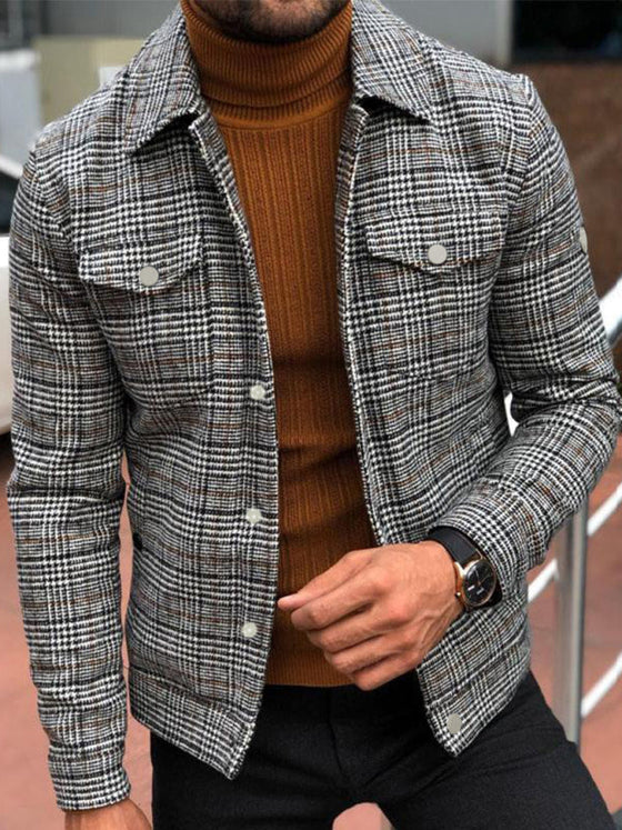 Men's slim casual fashion autumn plaid coat, long sleeves, polyester material.