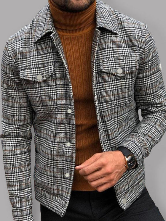 Slim casual fashion autumn plaid men's coat with flap pockets and long sleeves.