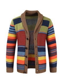  Men's button casual color striped cardigan with rainbow pattern, knit fabric, true to size, spring-summer style.