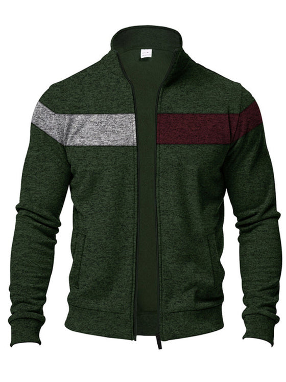 Men's heavy velvet stand collar zipper jacket with cationic stitching and contrast color, casual long sleeve sweatshirt.