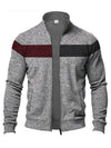 Men's heavy velvet stand collar zipper jacket with cationic stitching, contrast color, and casual long sleeves.