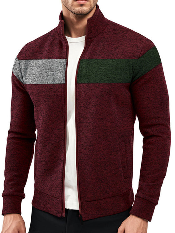 Men's heavy velvet stand collar zipper jacket with cationic stitching and contrast color casual long sleeve design.