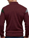 Men's heavy velvet stand collar jacket in maroon with cationic stitching, contrast color on shoulders, and long sleeves.